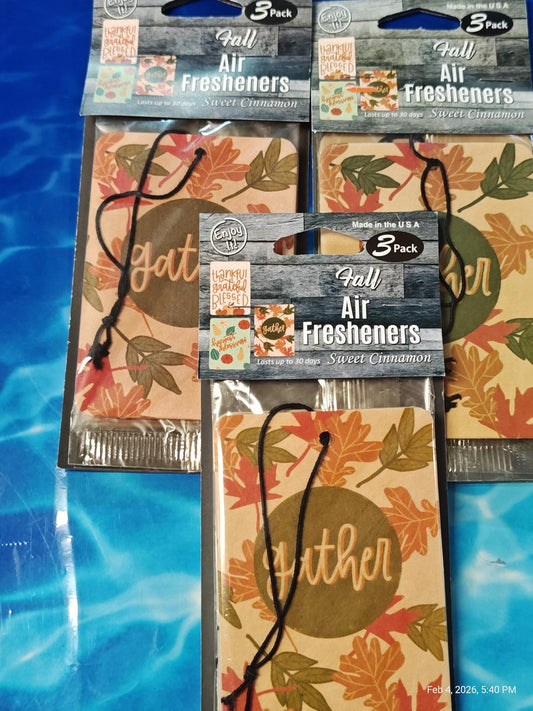 Fall Air Fresheners pack featuring autumn leaves and 'Gather' design for seasonal fragrance.