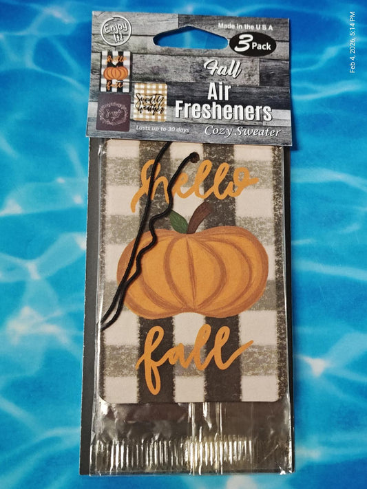 Fall Air Fresheners featuring a cozy sweater design with a pumpkin and 'Hello Fall' text.