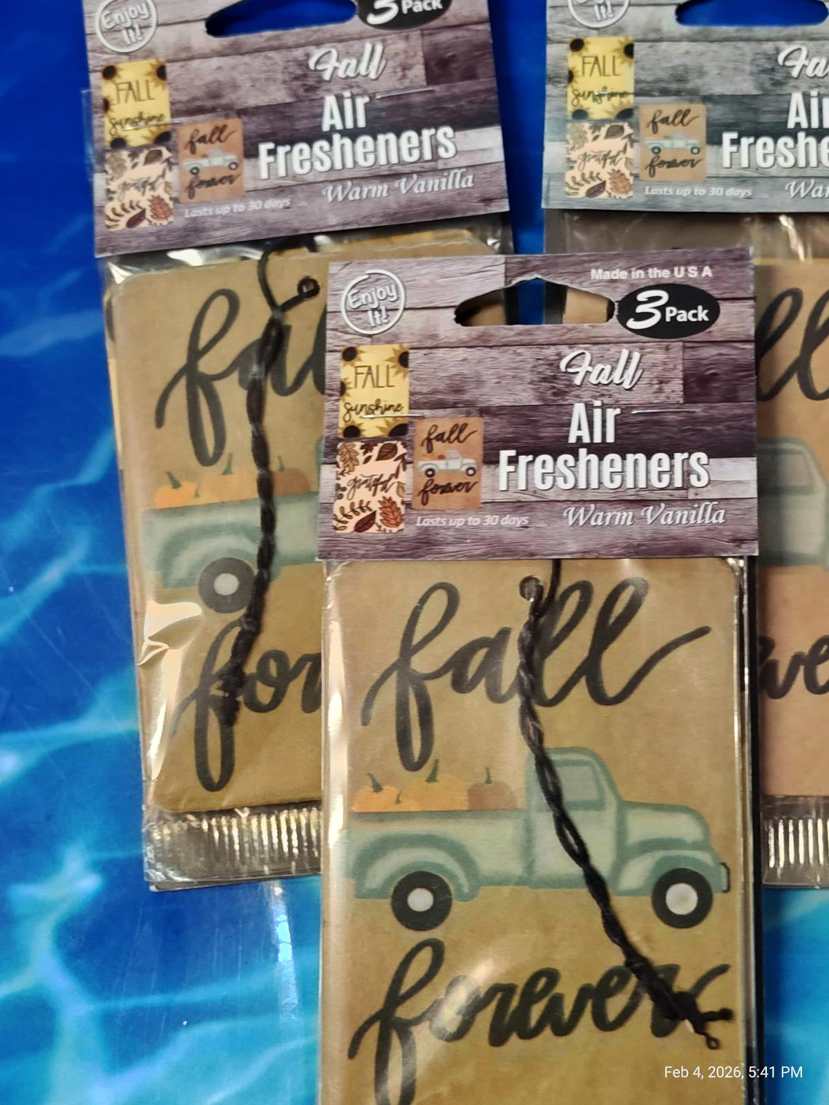 Fall Air Fresheners in warm vanilla scent, featuring a vintage truck design and 'fall forever' text.