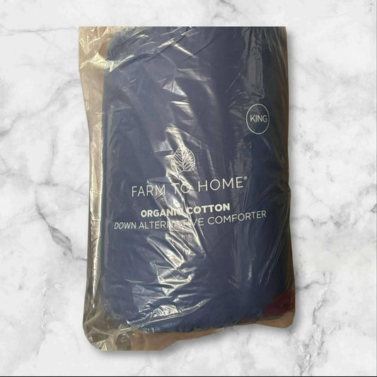 Farm to Home organic cotton down alternative comforter in packaging.