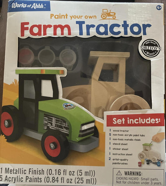 Farm Tractor paint kit includes wooden tractor model and acrylic paints for creative fun.
