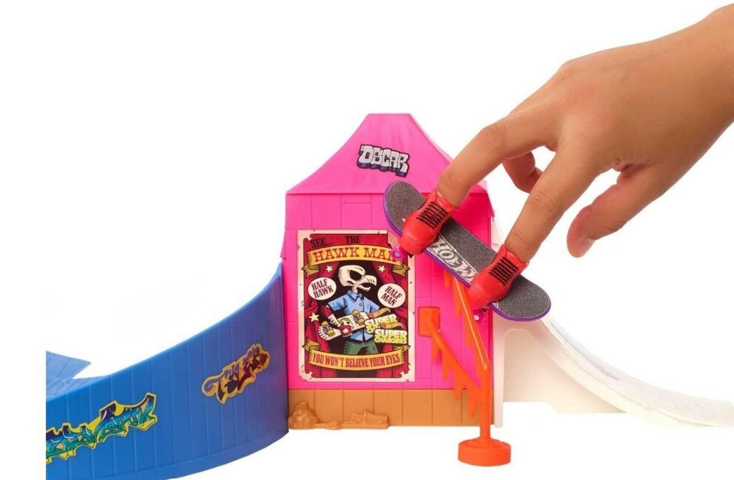 Fingerboard Skatepark Set featuring a colorful pink ramp and a hand performing tricks.