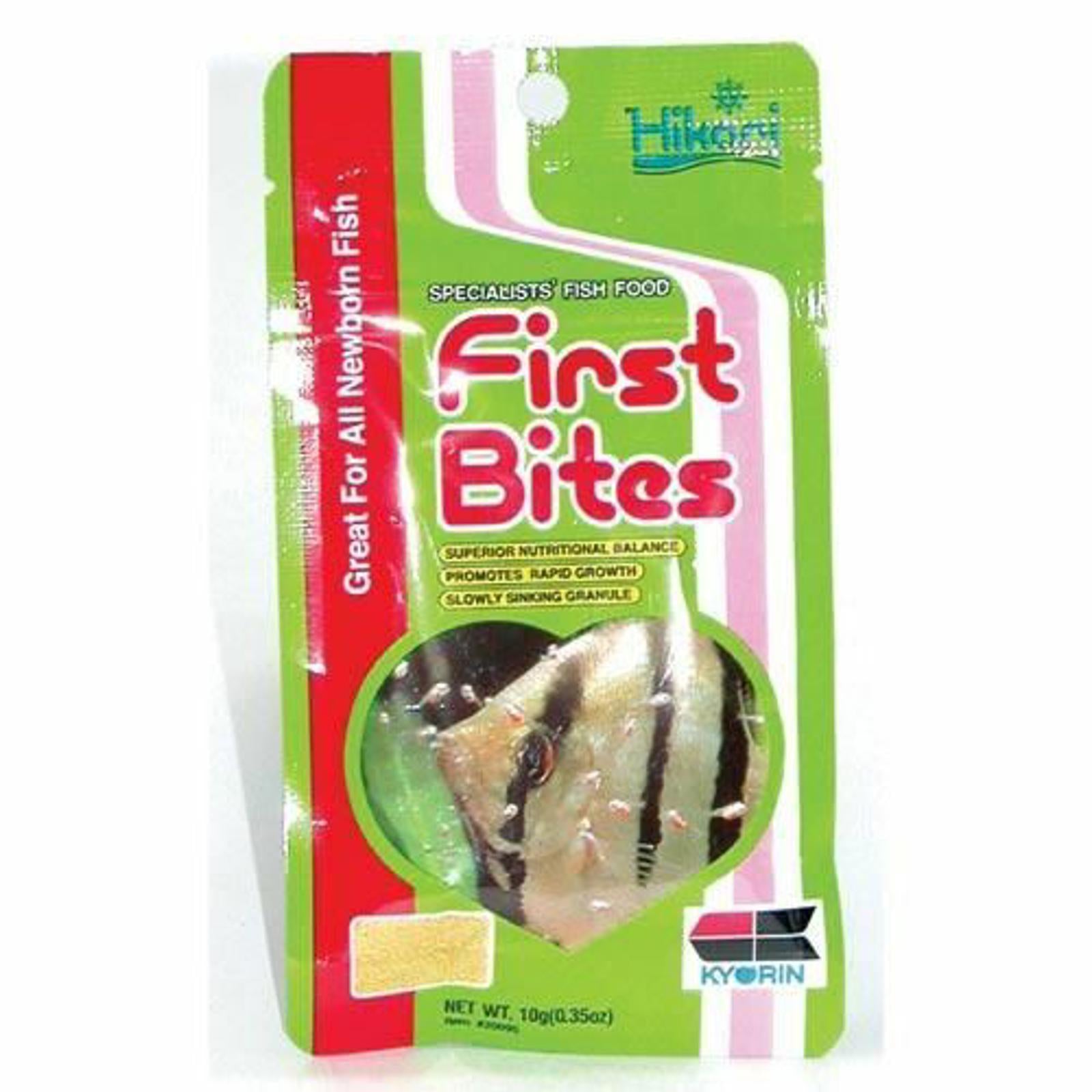 First Bites fish food for all newborn fish, featuring a colorful packaging design.