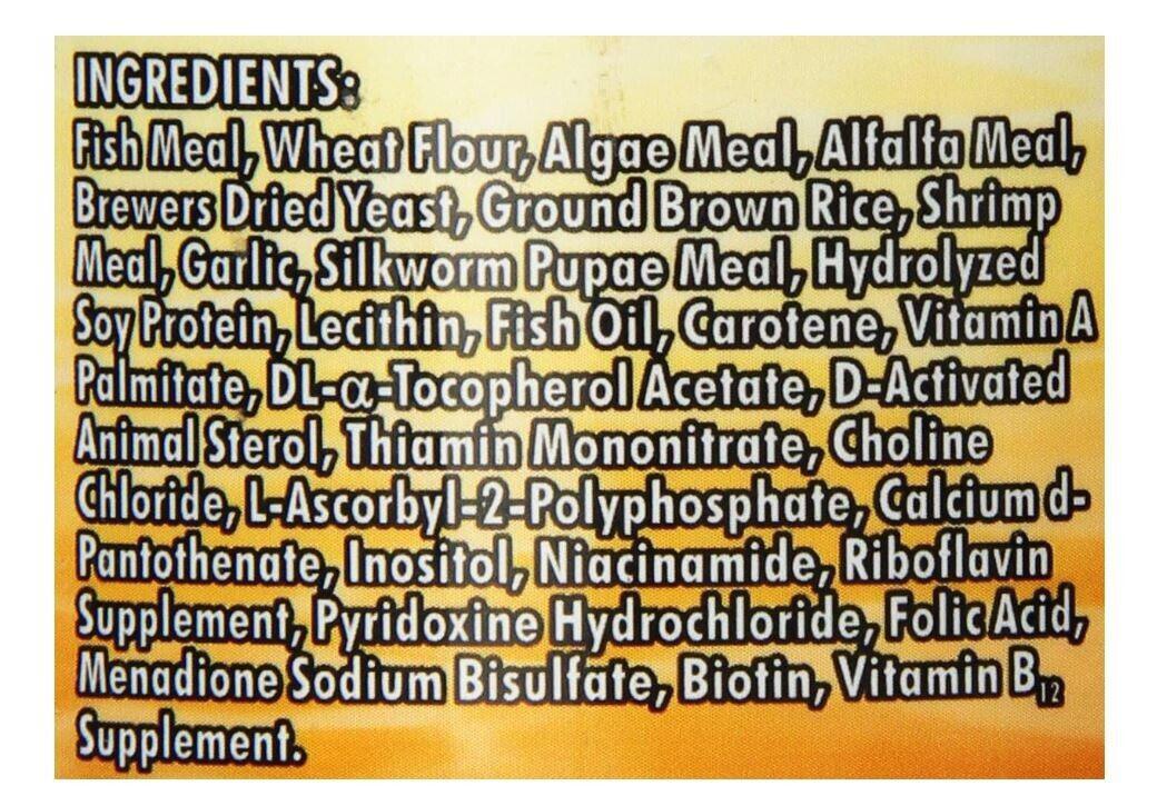 Nutritional supplement ingredients list featuring fish meal, algae meal, and vitamins.