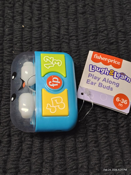 Fisher-Price Laugh & Learn ear buds in blue with colorful buttons for interactive play.