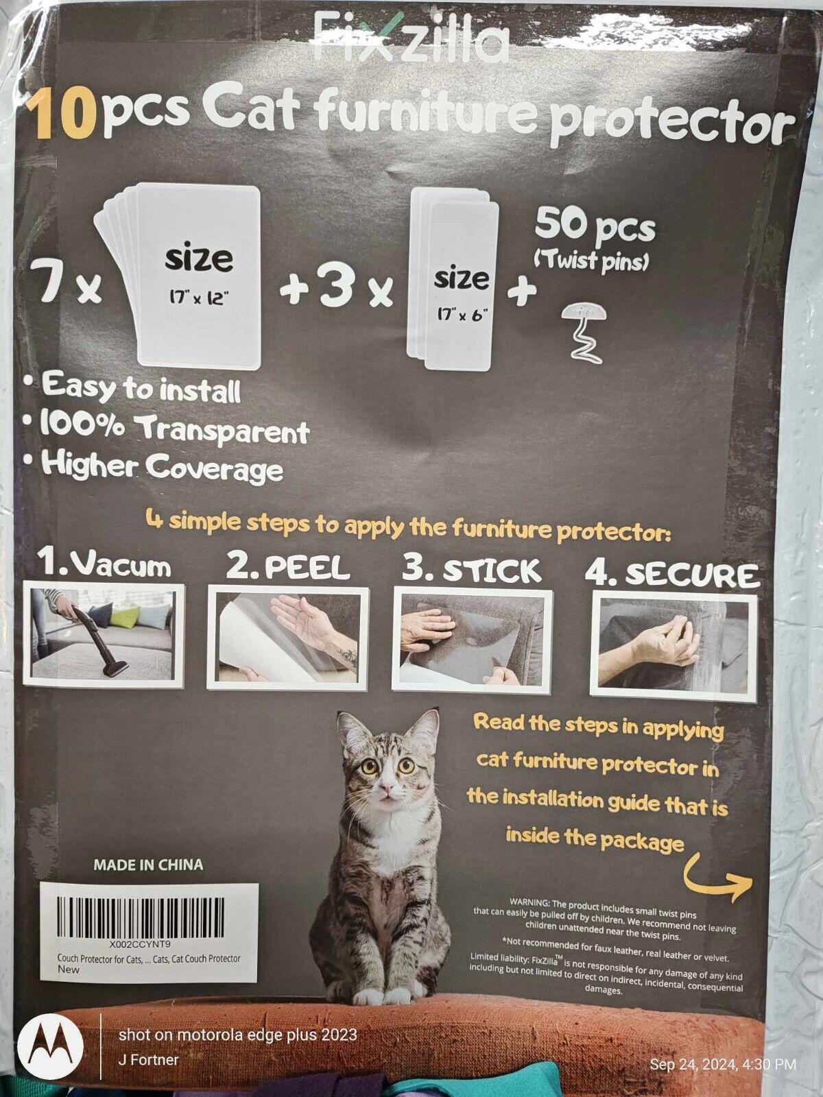 Fixzilla 10 pcs cat furniture protector with installation steps and transparent design.