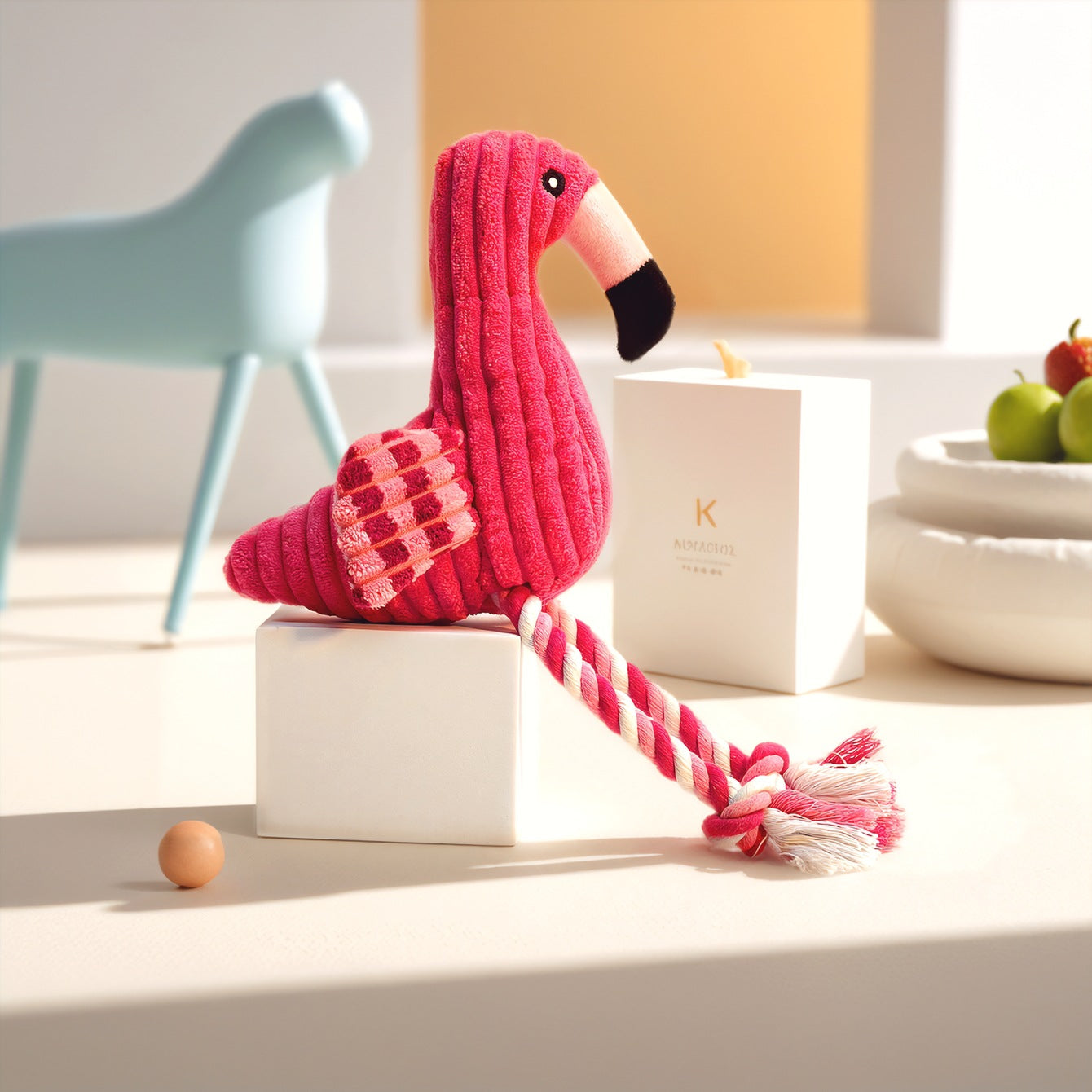 Flamingo plush toy with a pink and black design, featuring a rope tail and sitting on a white block.