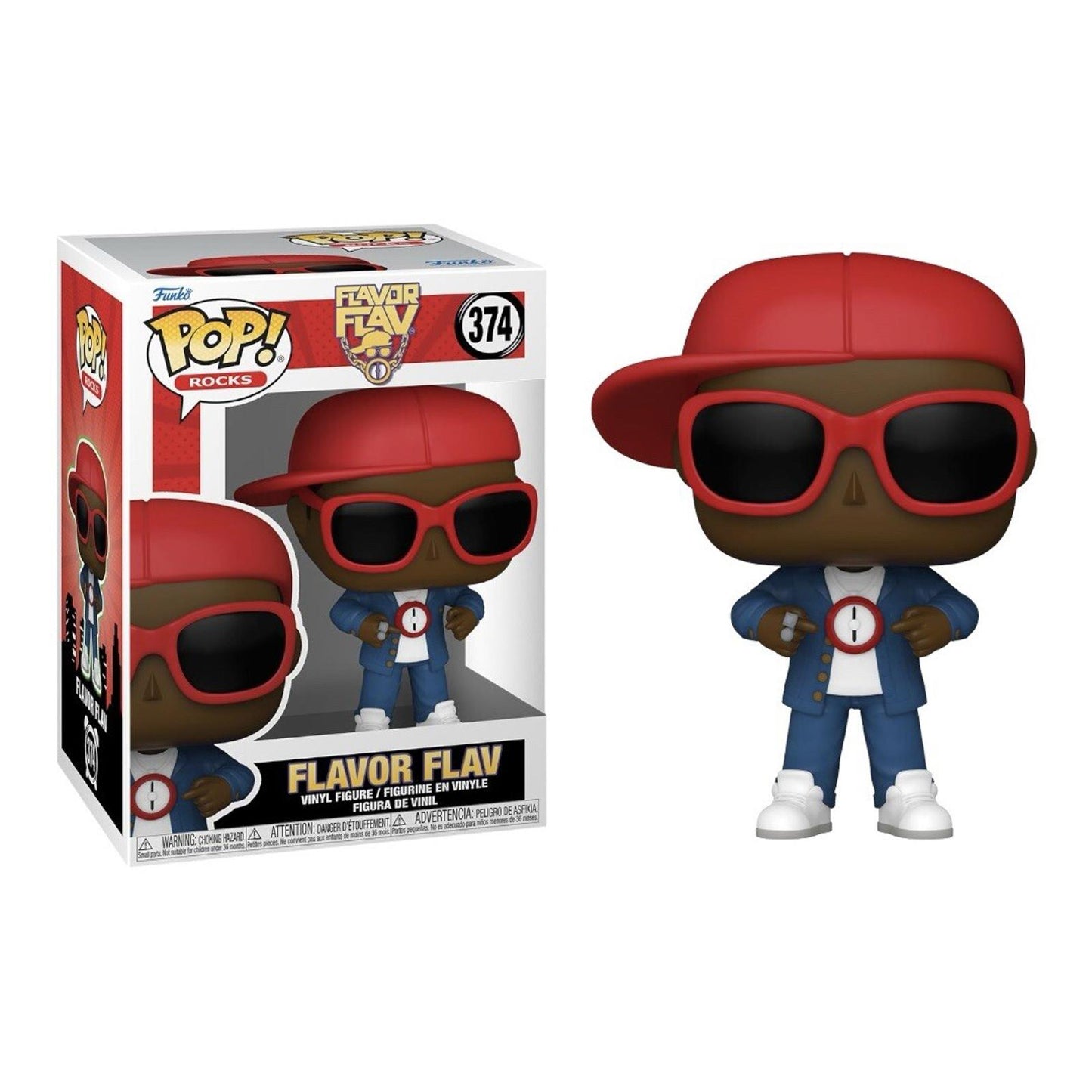 Flavor Flav Funko Pop! figure wearing red sunglasses and a blue suit.