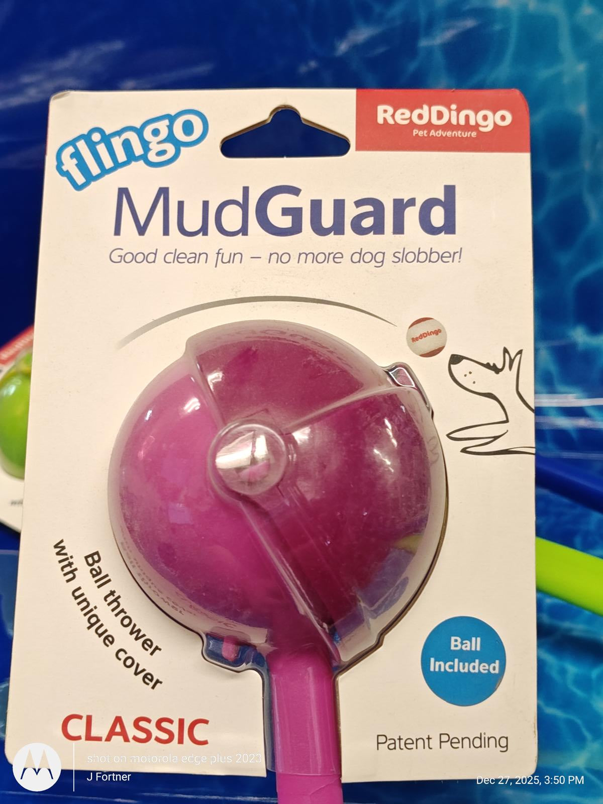 Flingo MudGuard by RedDingo, a pink ball thrower with unique cover for clean dog play.