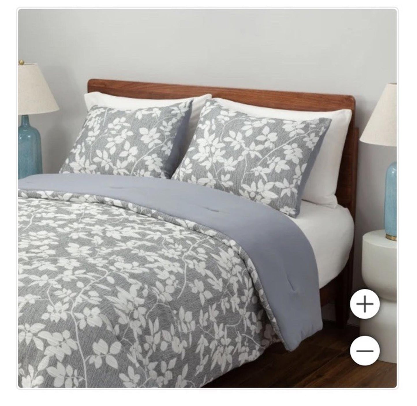 Floral Gray Bedding Set featuring white floral patterns and a soft gray throw blanket.