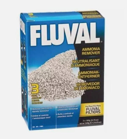Fluval ammonia remover for aquariums, effectively neutralizes ammonia with 3 packets included.