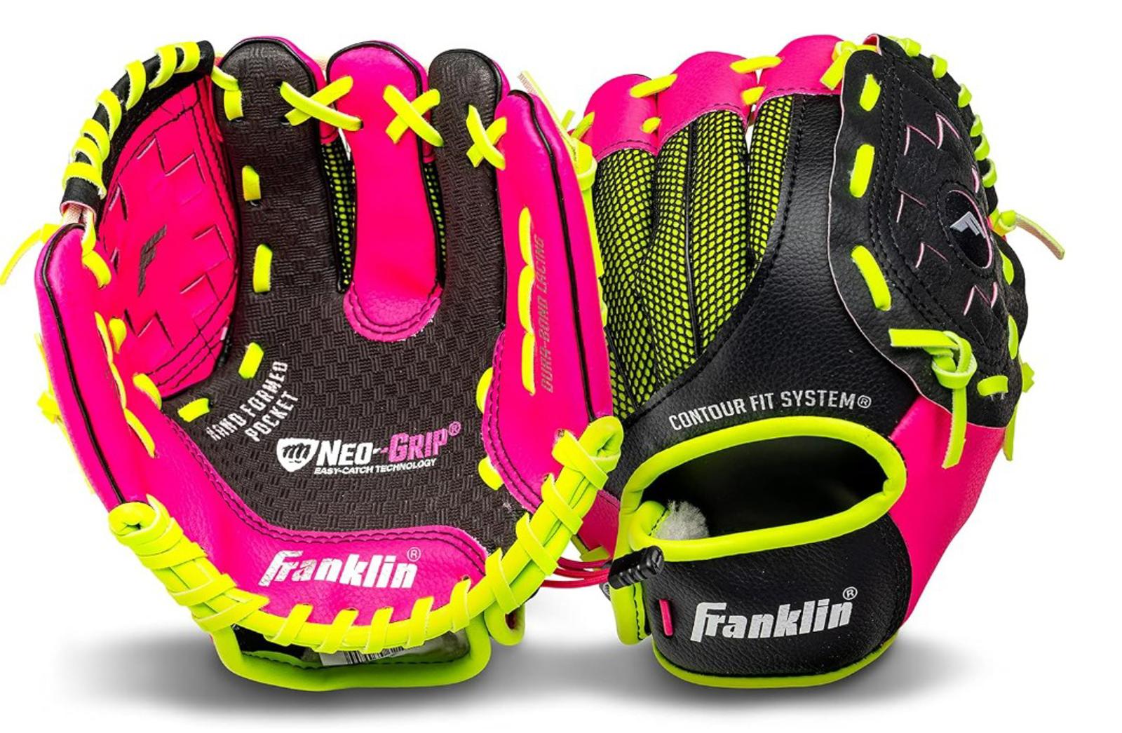 Franklin Neo-Classic pink and black baseball glove with neon yellow accents.