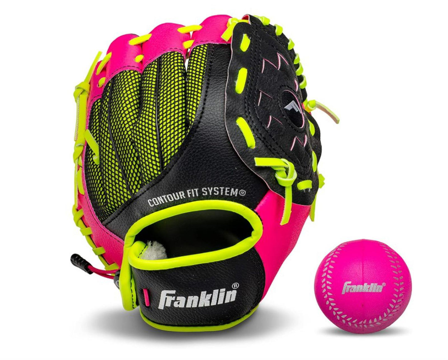 Franklin pink and black baseball glove with neon yellow accents and a matching pink ball.