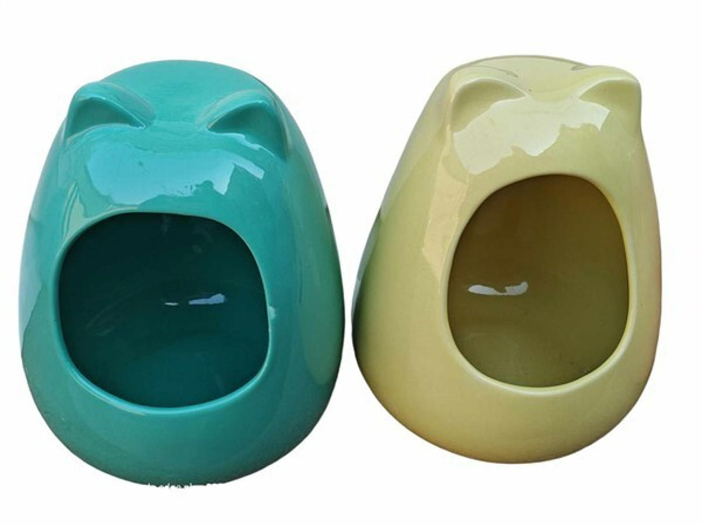 Frog-shaped ceramic planters in teal and yellow colors, perfect for indoor plants.