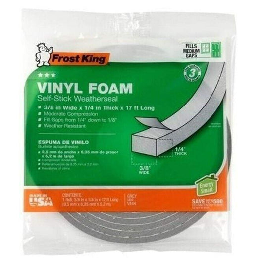 Frost King vinyl foam self-stick weatherseal, 3/8 inch wide and 1/4 inch thick, ideal for filling gaps.