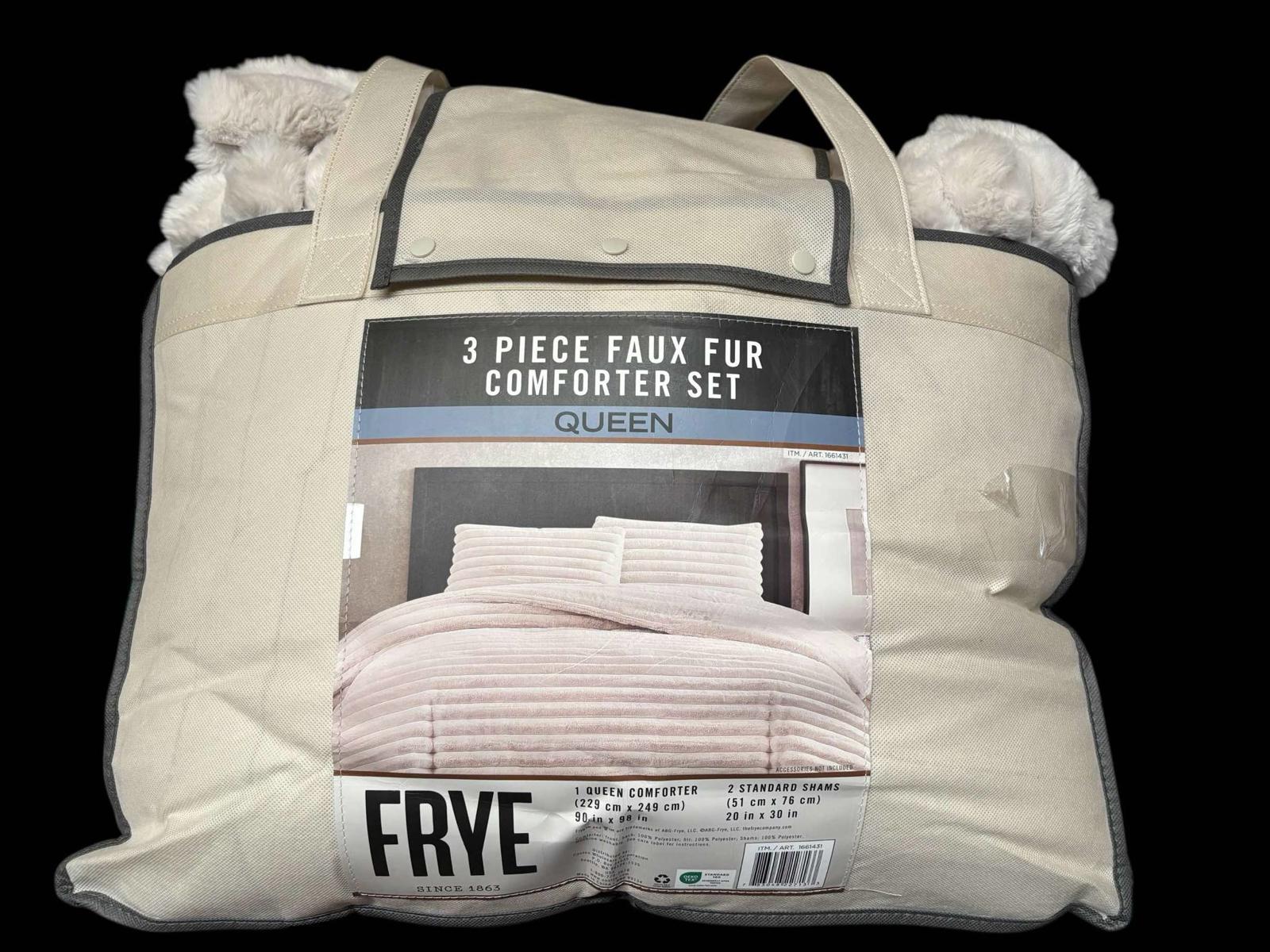 Frye 3 piece faux fur comforter set in queen size, featuring a soft design and packaged in a convenient tote.