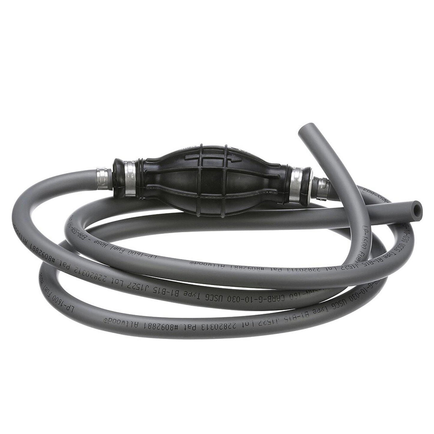 Fuel transfer hose with a black pump and gray tubing for efficient liquid movement.