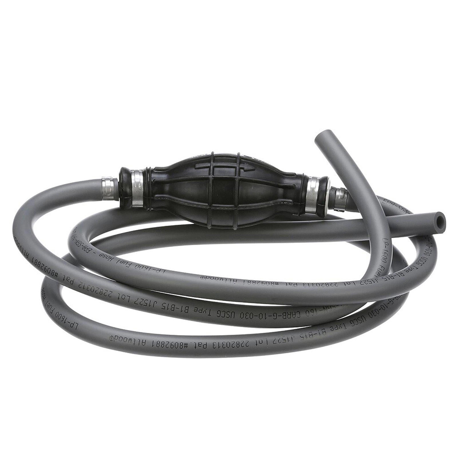 Fuel transfer hose with a black pump and gray tubing for efficient liquid movement.