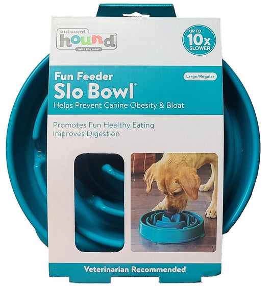 Fun Feeder Slo Bowl designed to prevent canine obesity and bloat, featuring a teal color and interactive design.