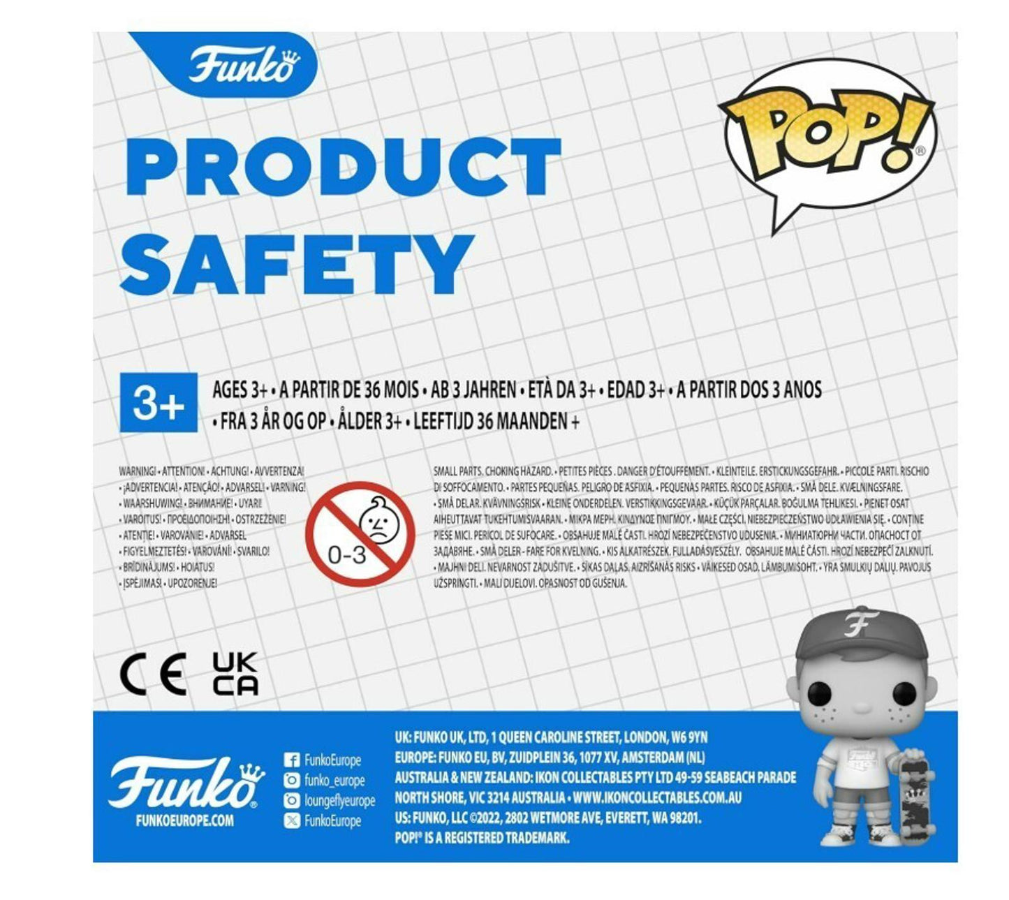 Funko Pop! product safety information for ages 3 and up, featuring safety guidelines.