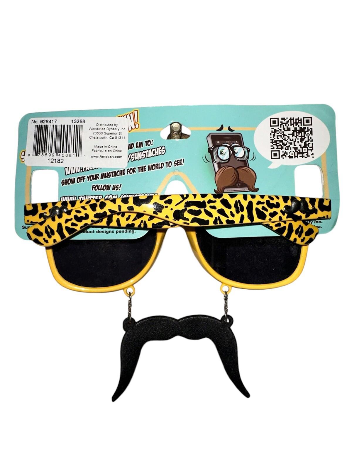 Funny Mustache Sunglasses with leopard print design and black mustache accessory.