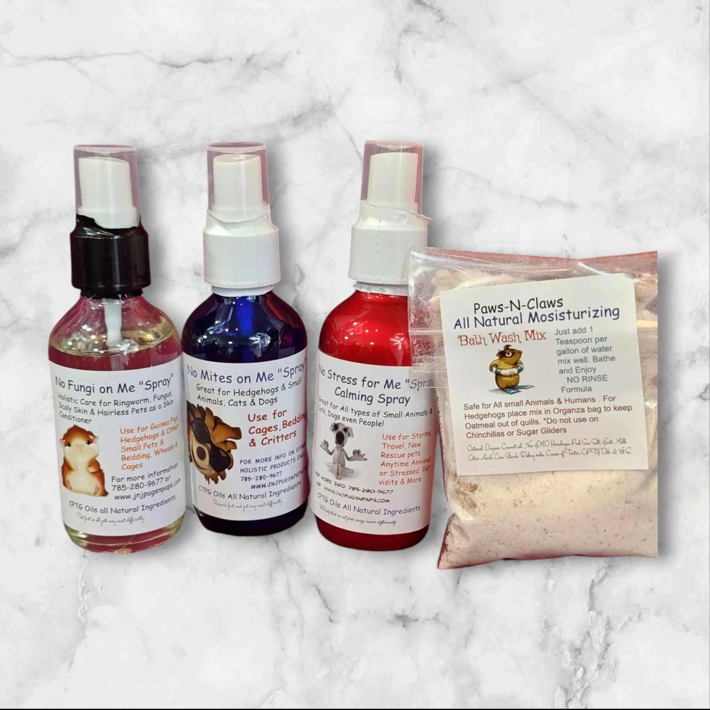 Fur-N-Feather pet grooming sprays and moisturizing powder set, featuring three spray bottles and a powder packet.
