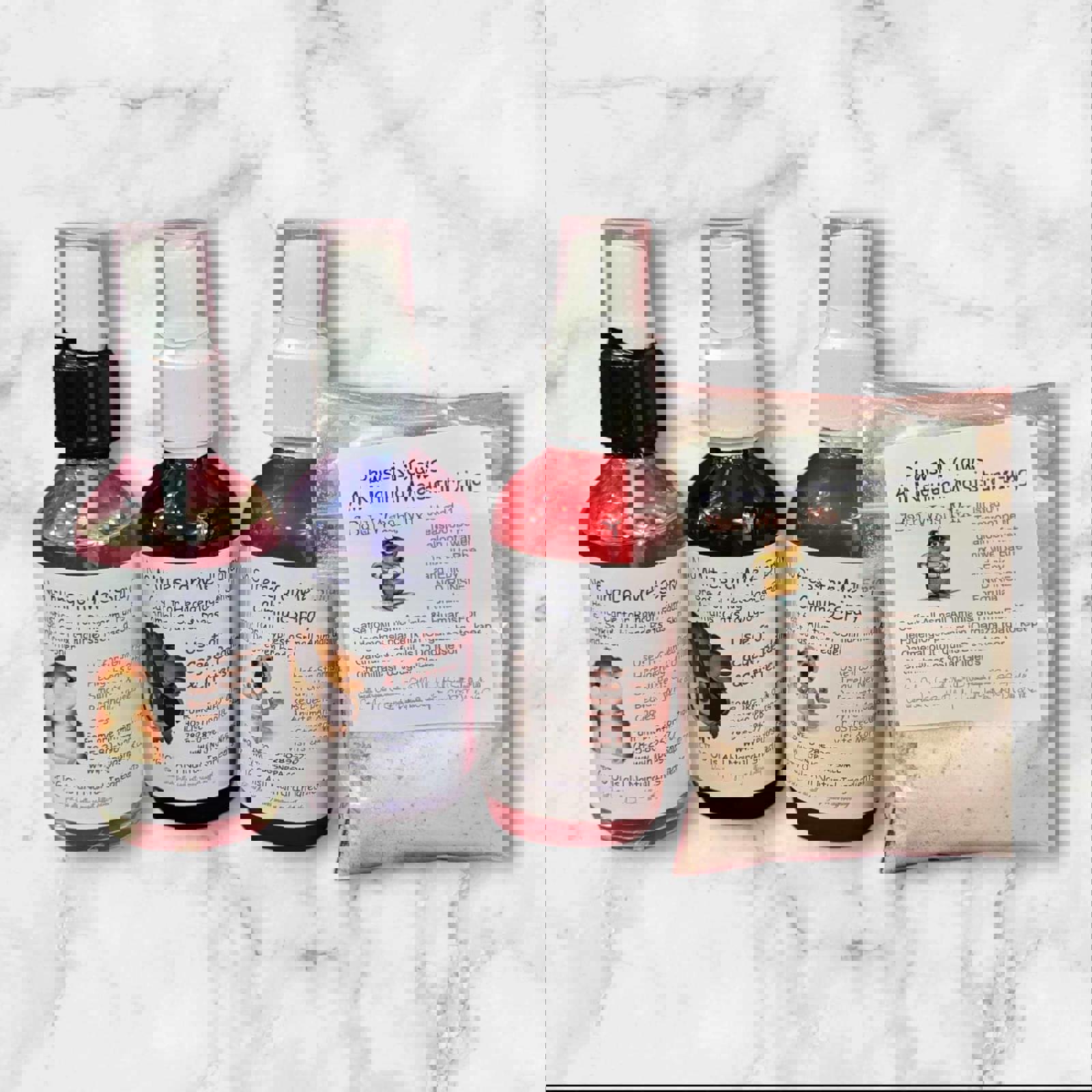 Fur-N-Glass all-natural moisturizing spray set including three bottles and a powder packet.