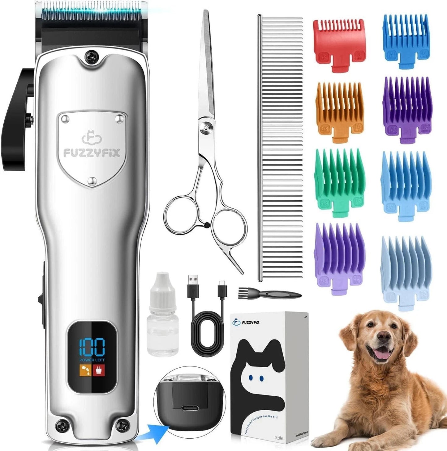 FuzzyFix dog grooming clipper set with scissors, comb, and colorful comb attachments for pet grooming.