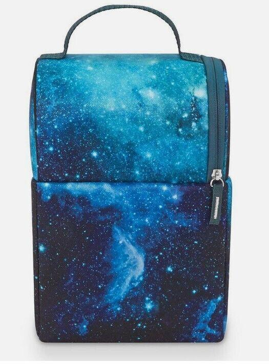 Galaxy Backpack featuring a vibrant blue and black cosmic design with a zip closure.