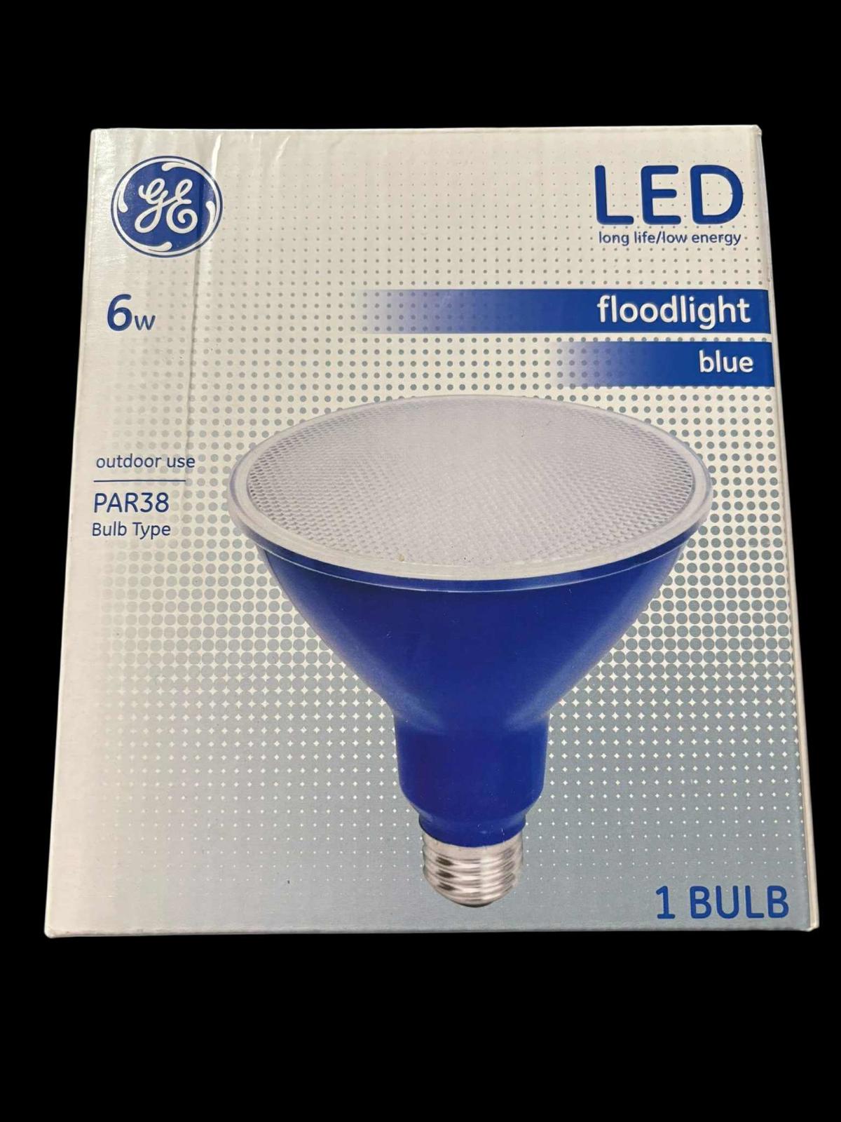 GE LED floodlight blue bulb, 6W, PAR38 type, designed for outdoor use.