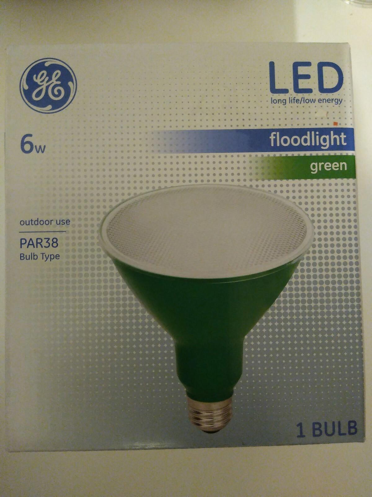GE LED floodlight green bulb, 6W, PAR38 type for outdoor use.