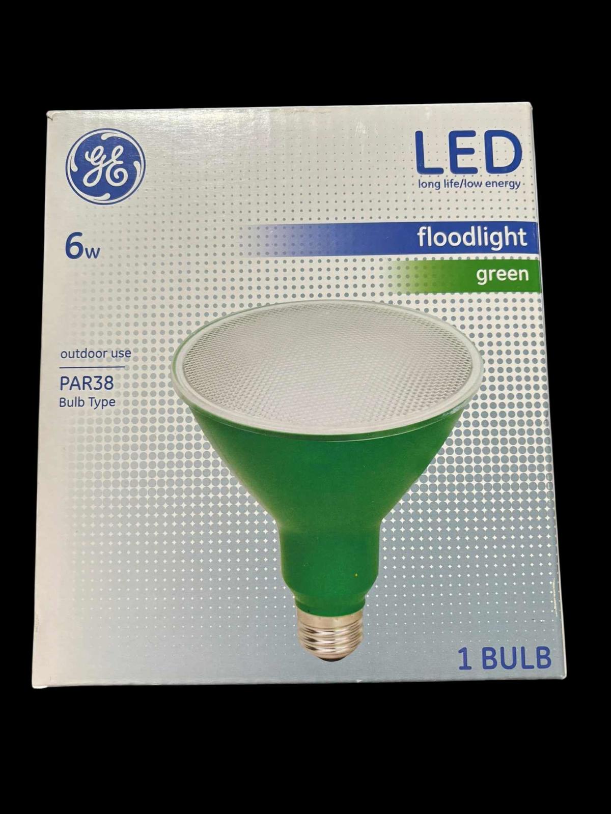 GE LED floodlight green bulb, 6W PAR38 type, suitable for outdoor use.