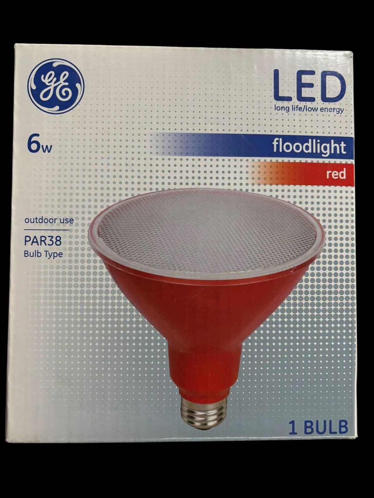 GE LED floodlight red bulb, 6W PAR38 type, ideal for outdoor use.