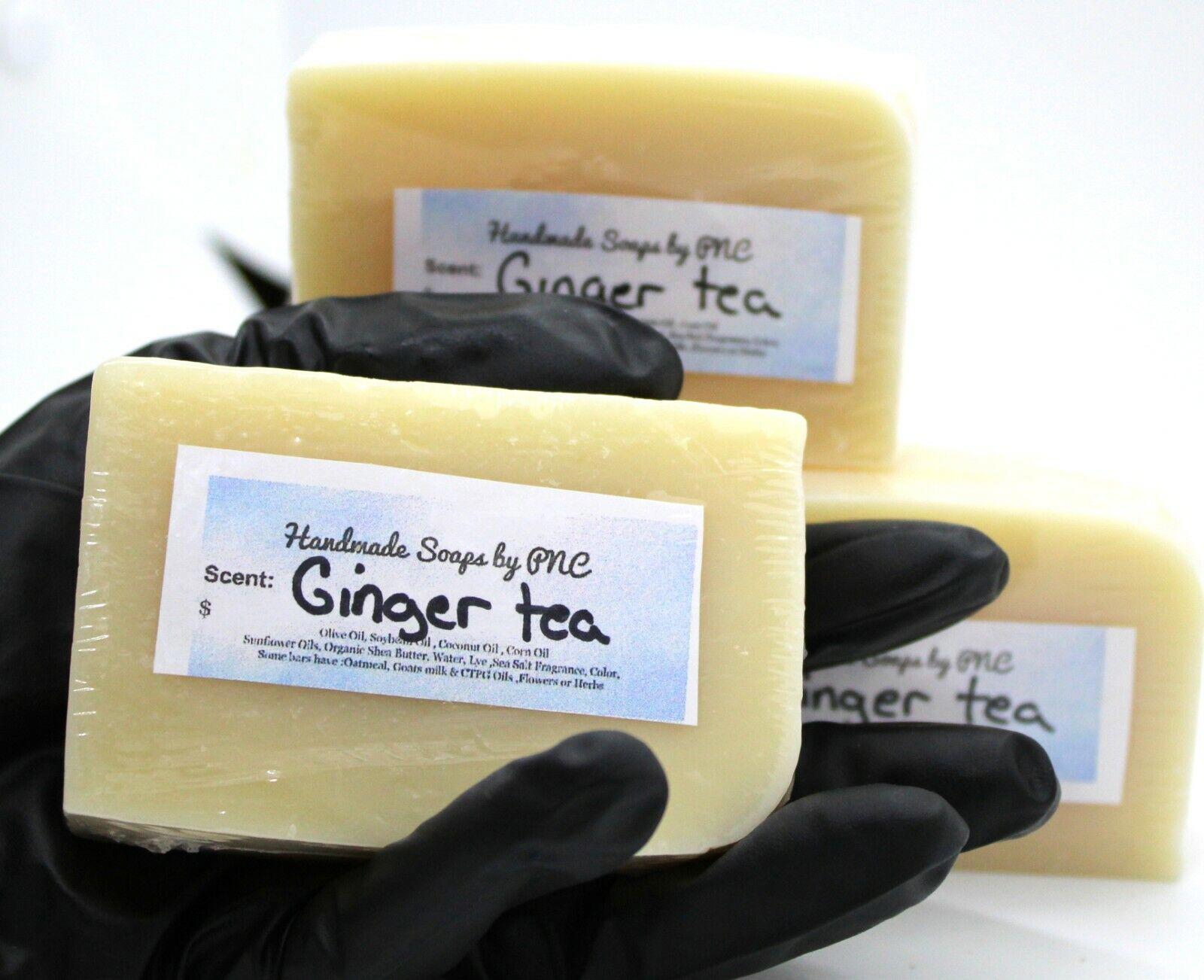 Ginger tea soap bars stacked with a label, showcasing a creamy texture and natural color.