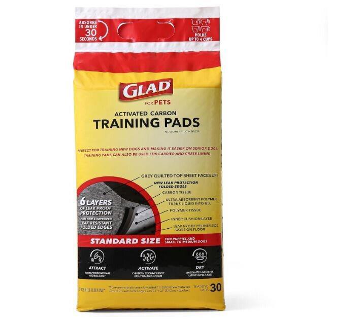 Glad Activated Carbon Training Pads for pets, featuring six layers for superior absorption and odor control.