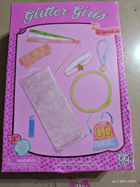 Glitter Girls accessory set featuring colorful hairbands, a sparkly towel, and a backpack.