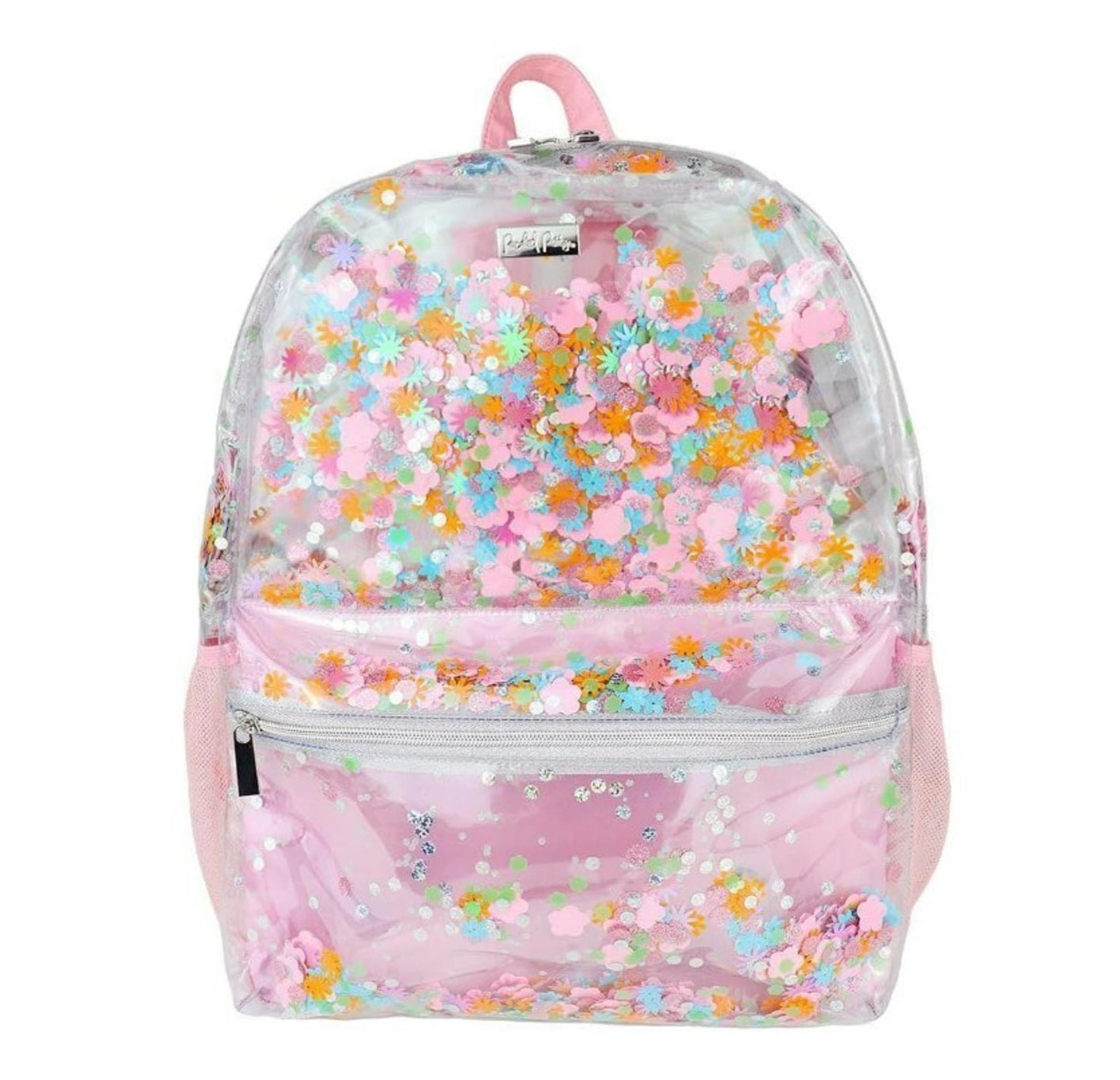 Glittery Pink Backpack featuring colorful confetti and a transparent design.