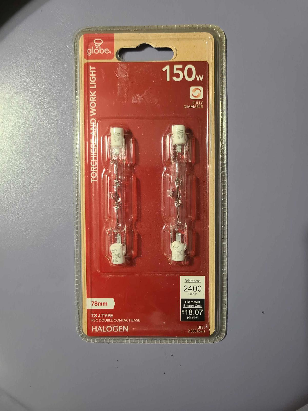 Globe 150W halogen work light bulbs in packaging, designed for bright illumination.