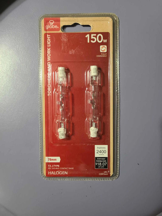 Globe 150W halogen work light bulbs in packaging, designed for bright illumination.