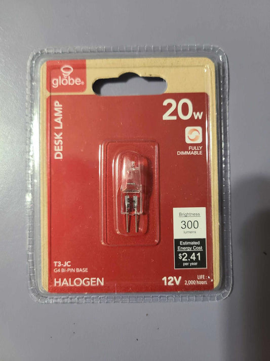 Globe Desk Lamp halogen bulb, 20W, T3-JC G4 pin base, fully dimmable, 12V.