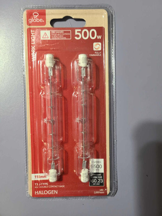 Globe 500W halogen work light bulbs in packaging, featuring two clear bulbs.
