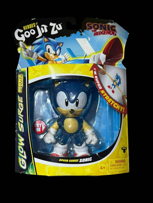 Glow Surge Sonic figure from Goo Jit Zu, featuring a blue stretchy design and vibrant packaging.