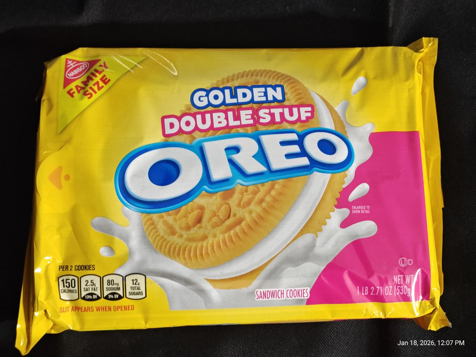 Golden Double Stuf Oreo cookies in a bright yellow package with pink accents.