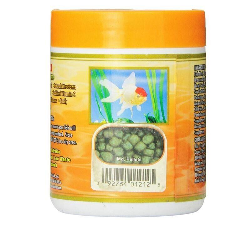 Goldfish food in a container with a vibrant orange lid and green pellets visible.