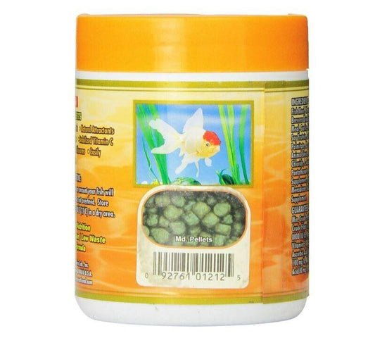 Goldfish food in a container with a vibrant orange lid and green pellets visible.