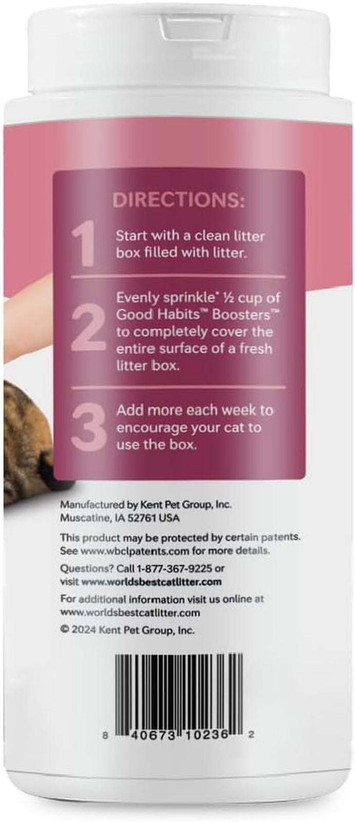 Good Habits Cat Litter Booster instructions on a bottle, featuring clear usage directions.