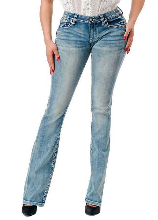 Grace in LA Women's Western 3D Steer Head Mid Rise Bootcut Jeans