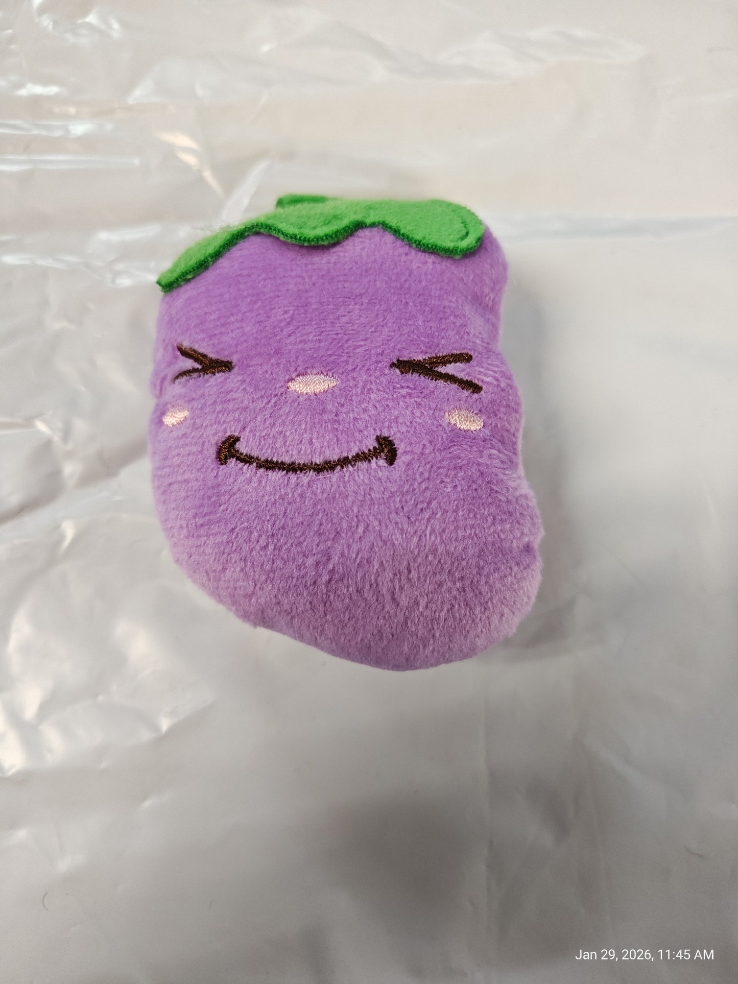 Grape Plush Toy with a smiling face and green leaf details.