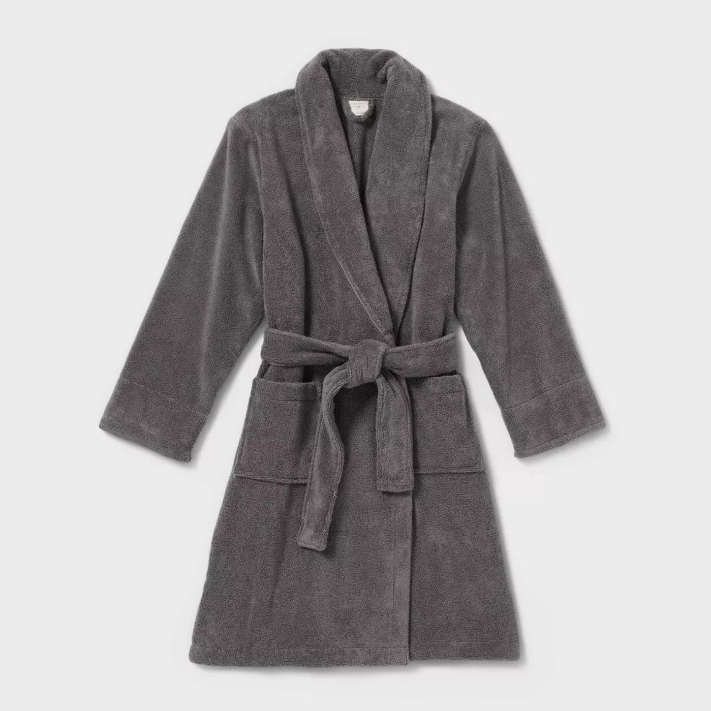 Gray bathrobe featuring a soft texture and a belted waist for comfort.