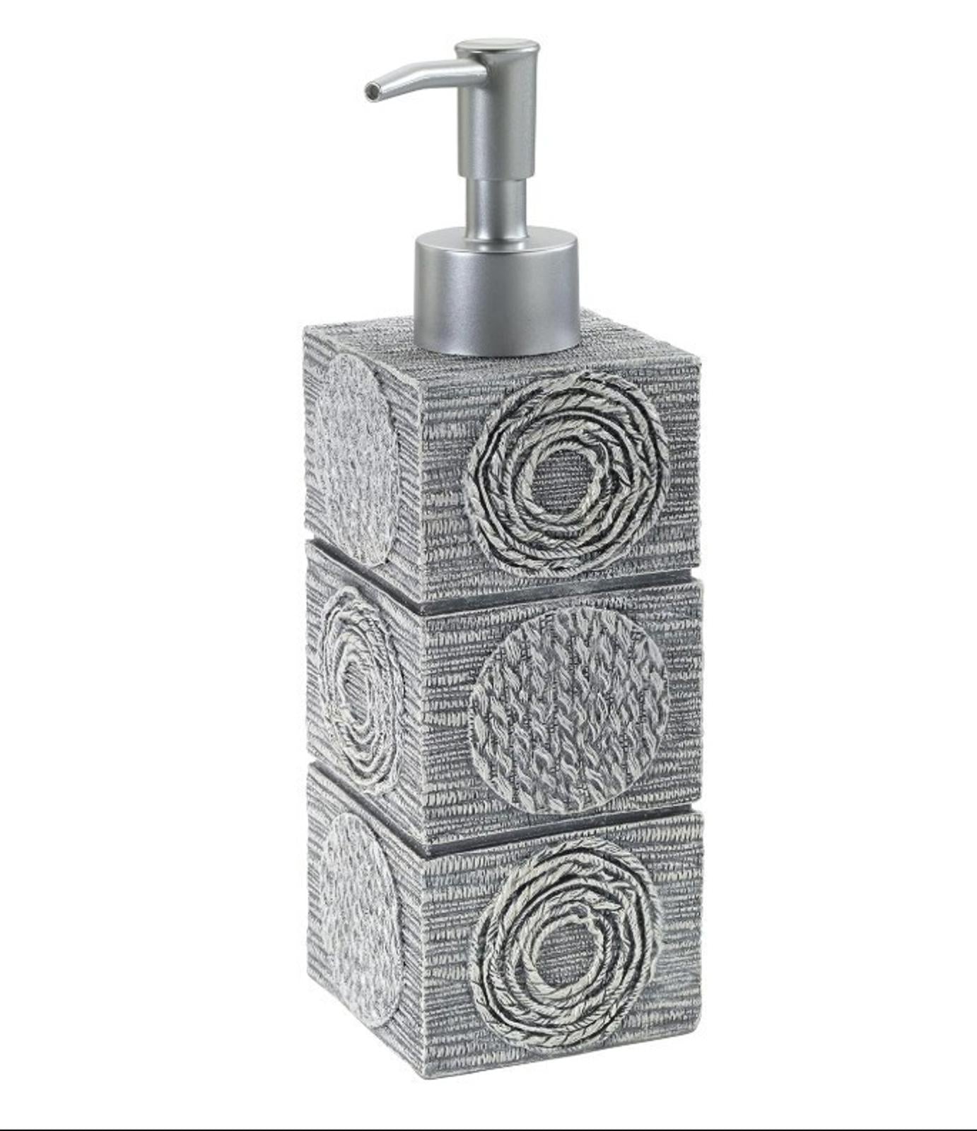 Soap dispenser with textured gray design and silver pump top.